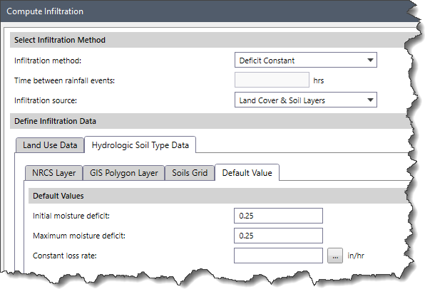 Default Value — Selecting Deficit Constant as Infiltration Method