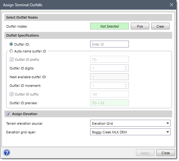 Assign Terminal Outfalls dialog box