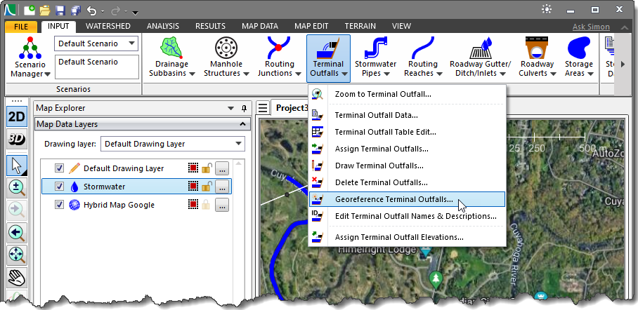Terminal Outfalls dropdown menu