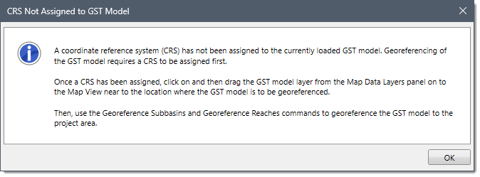 CRS Not Assigned to GST Model informational dialog box
