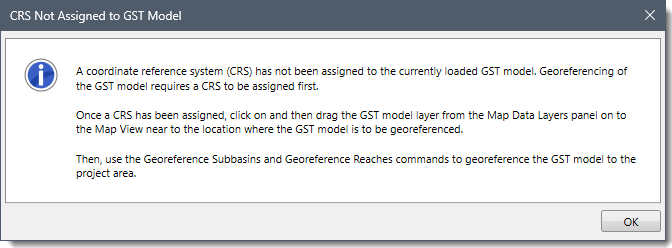 CRS Not Assigned to GST Model informational dialog box