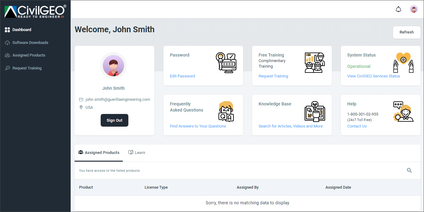User Portal (If signed in as a user)