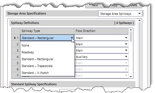 Spillway Type dropdown combo box
