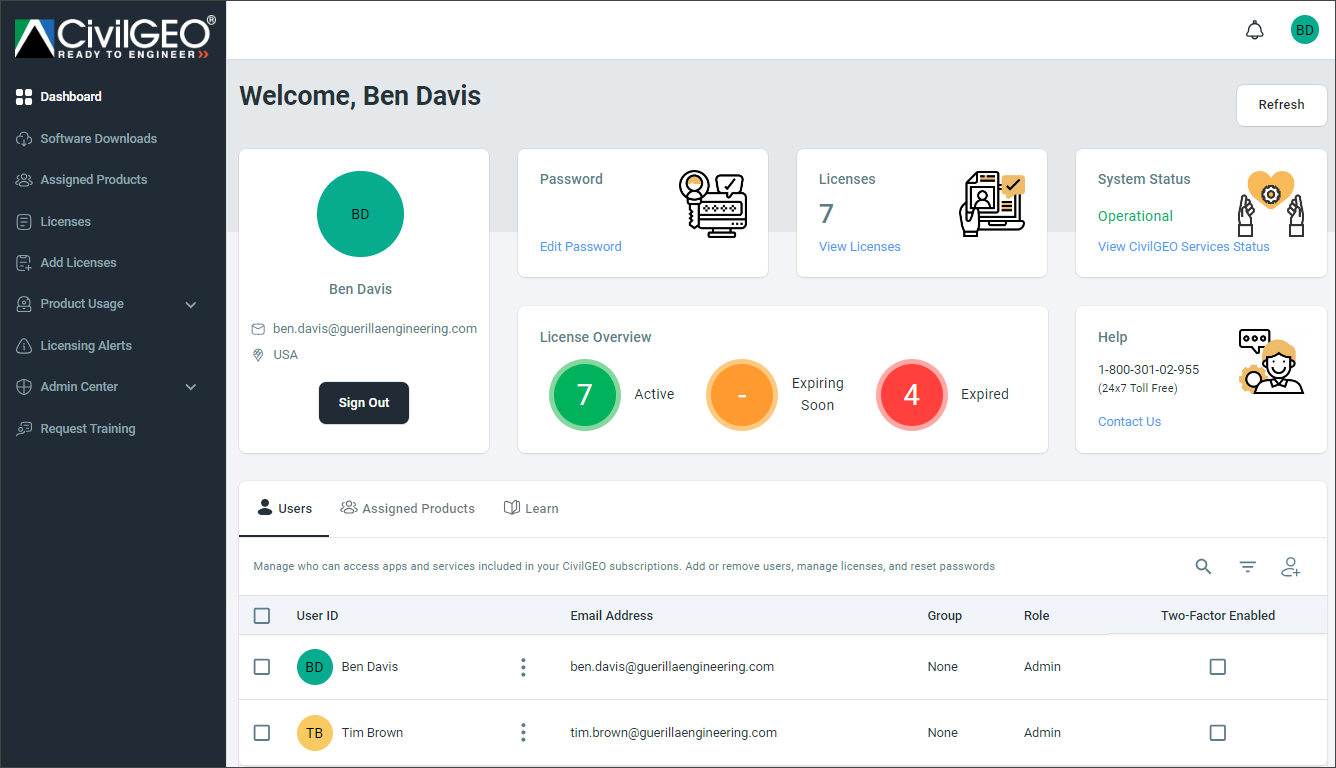 CivilGEO Customer Portal dashboard