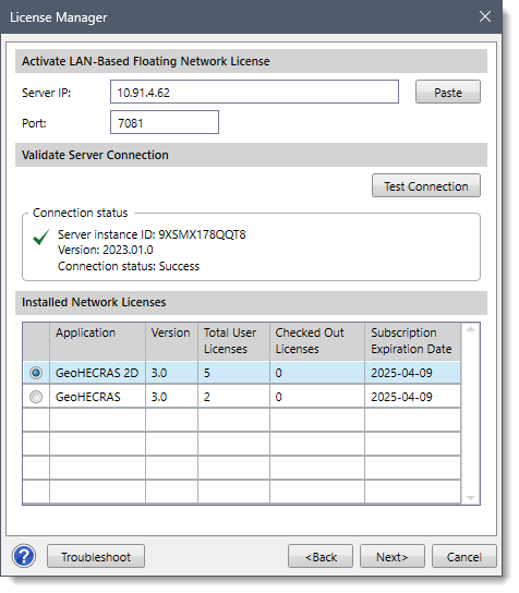 Validate Server Connection section