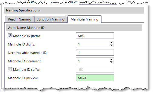 Auto-Name Manhole ID subsection of the Manhole Naming panel