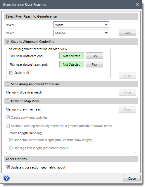 Georeference River Reaches Dialog Box