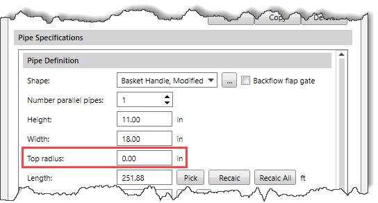 Top radius entry field