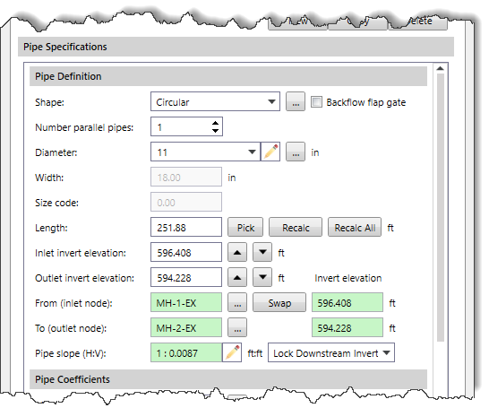 Pipe Definition section