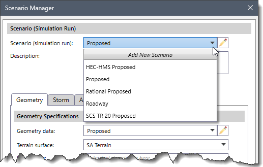 Scenario (simulation run) dropdown combo box