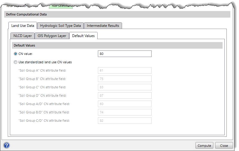 Default Values subpanel under Land Use Data panel