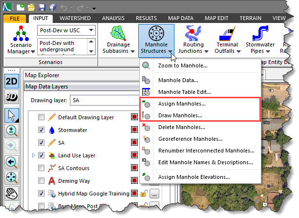Draw/Assign Manholes command of the Manhole Structures dropdown menu