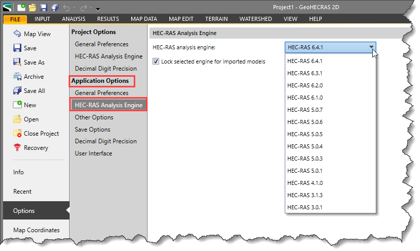 HEC-RAS Analysis Engine section under Application Options
