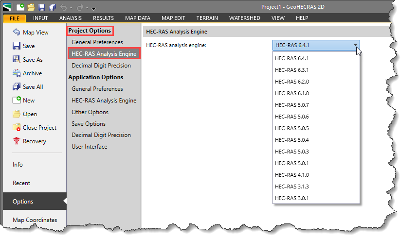 HEC-RAS Analysis Engine section under Project Options