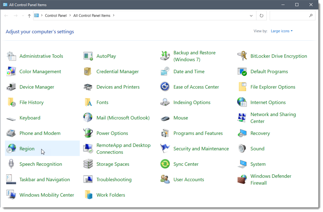 All Control Panel Items Dialog Box