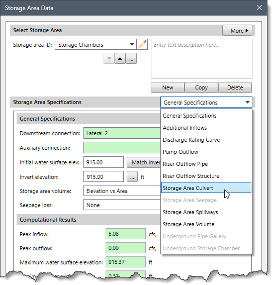 Storage Area Culvert option of the Storage Area Specifications dropdown combo box