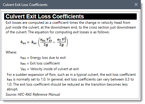 Culvert Exit Loss Coefficients lookup dialog box