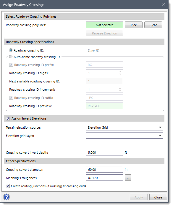 Assign Roadway Crossings Dialog Box