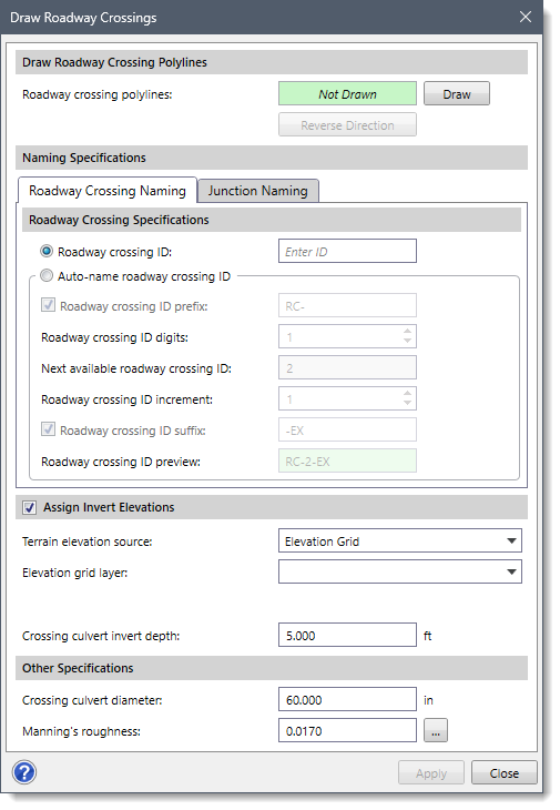 Draw Roadway Crossings Dialog Box