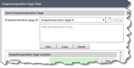 Select Evapotranspiration Gage section