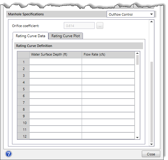 Rating Curve Data subpanel