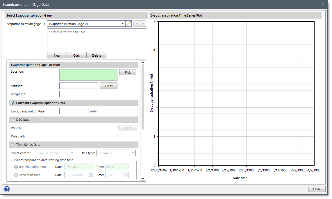 Evapotranspiration Gage Data dialog box