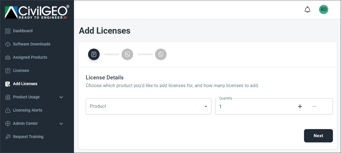 Add Licenses page
