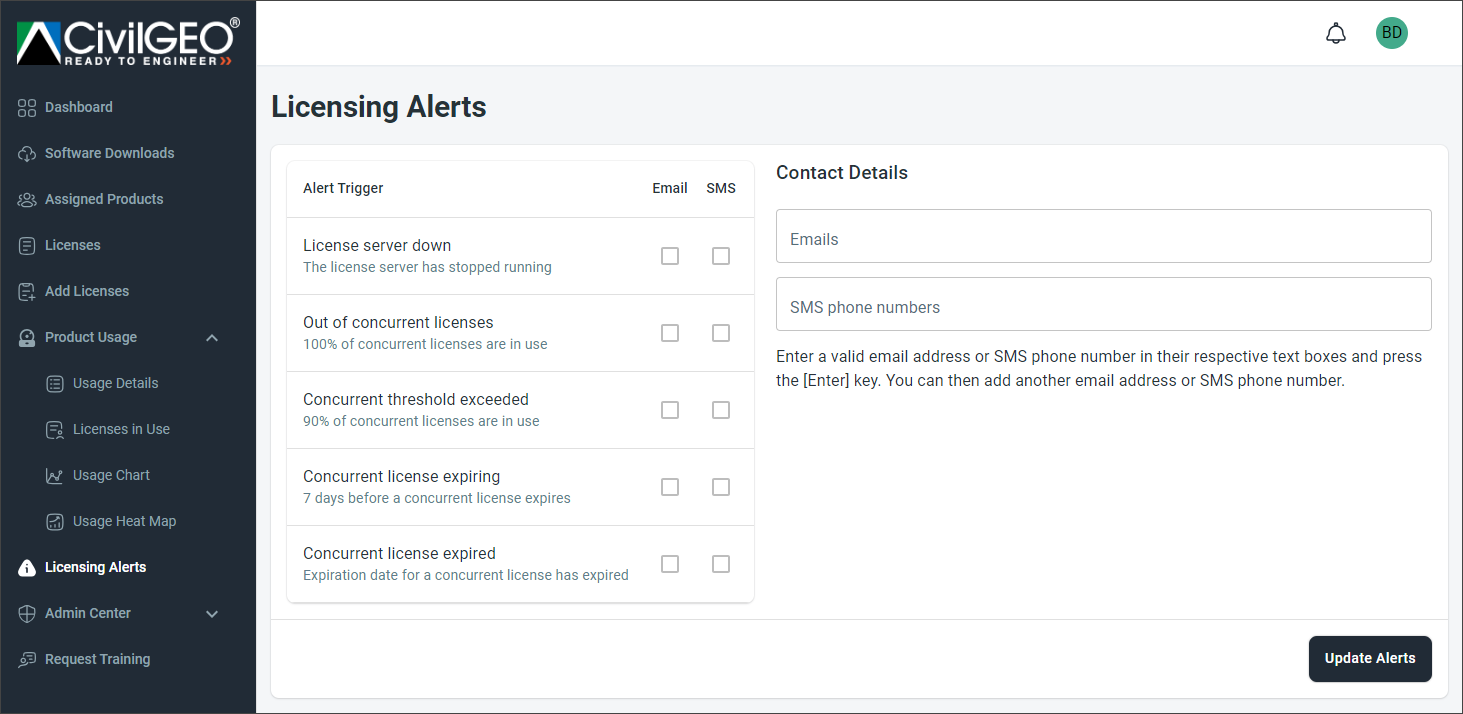 Licensing Alerts page
