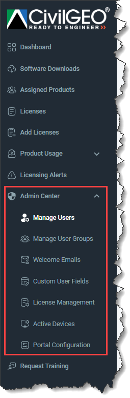 Admin Center menu item