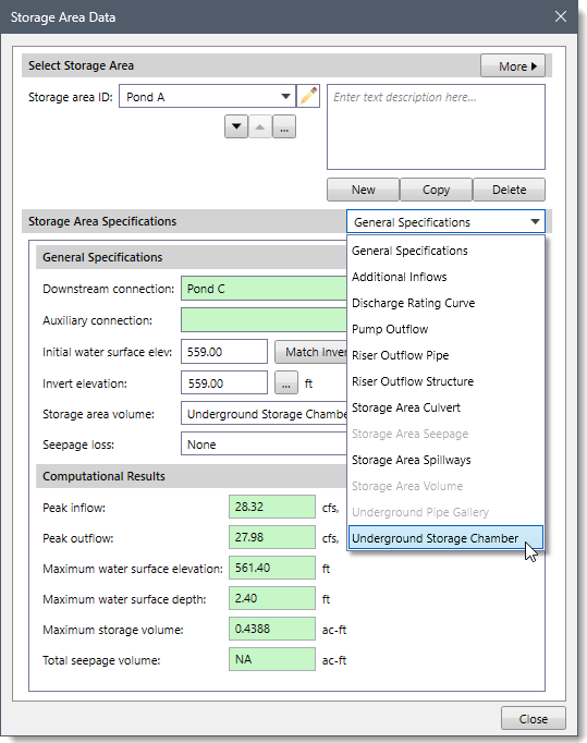 Storage Area Specifications Dropdown Combo Box