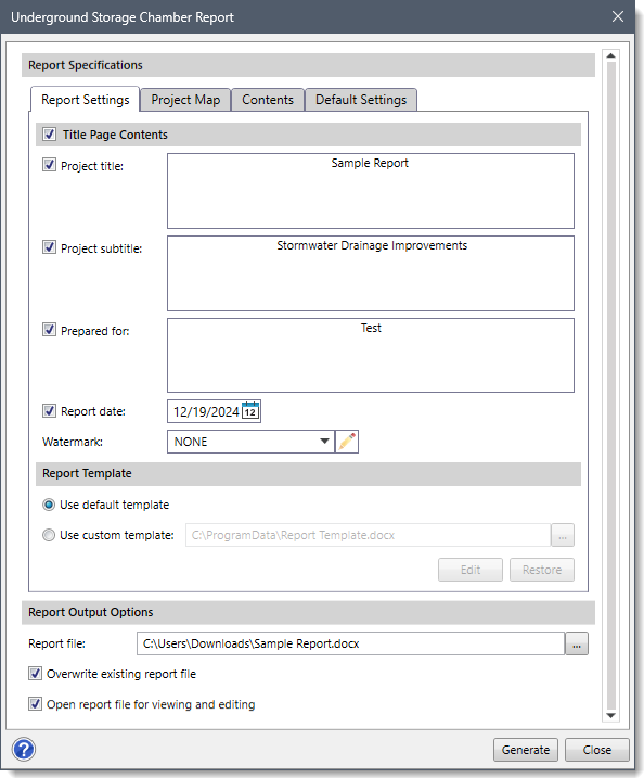 Underground Storage Chamber Report Dialog Box