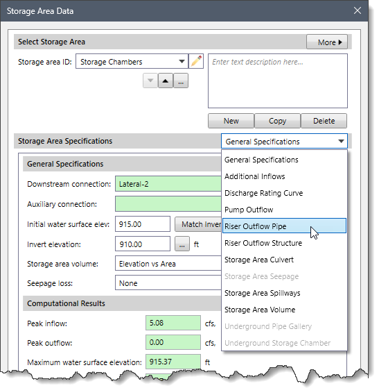 Riser Outflow Pipe option of Storage Area Specifications dropdown combo box