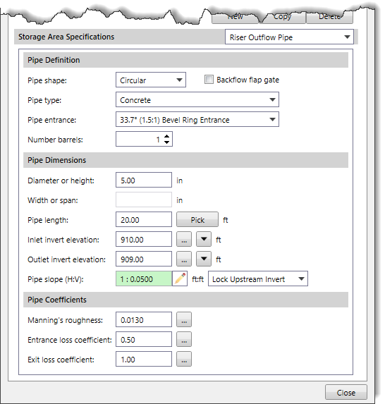 Riser Outflow Pipe data panel