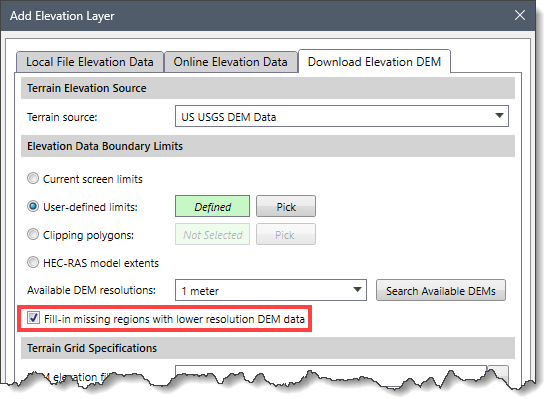 Fill-in missing regions with lower resolution DEM data Checkbox Option