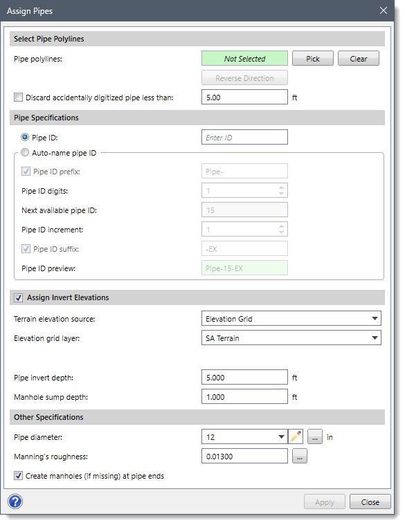 Assign Pipes dialog box