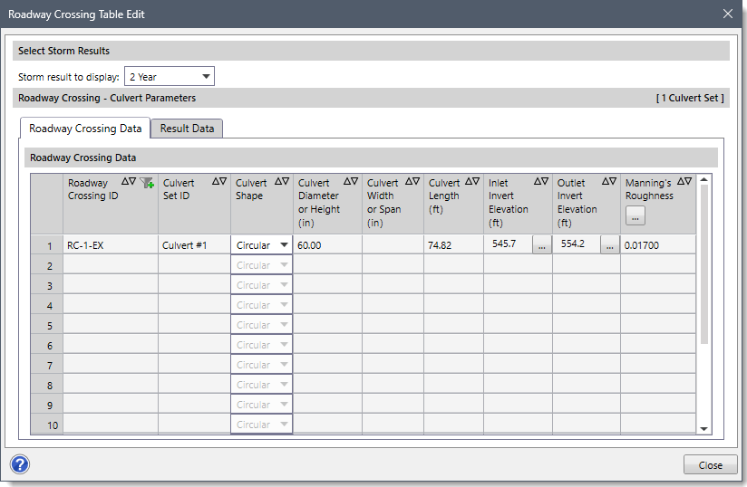 Roadway Crossing Table Edit Dialog Box