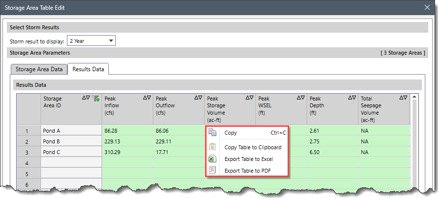 Copying and Exporting Storage Area Parameters