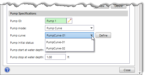 Pump curve dropdown combo box