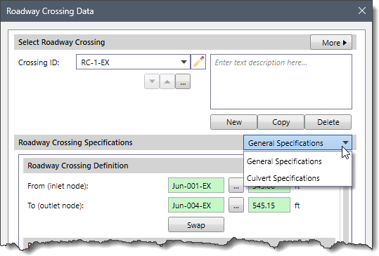 Roadway Crossing Specifications dropdown selector