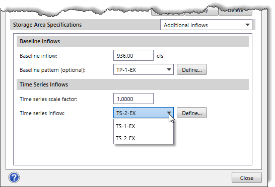 Time series inflow dropdown combo box
