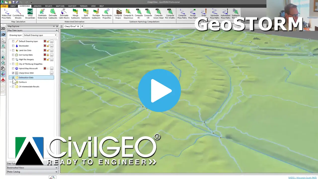 Delineating subbasins using the Delineate Subbasins command to define drainage areas and hydrologic properties