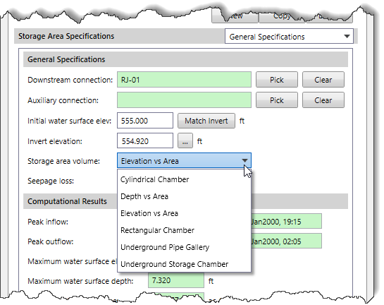 Storage Area Volume dropdown combo box