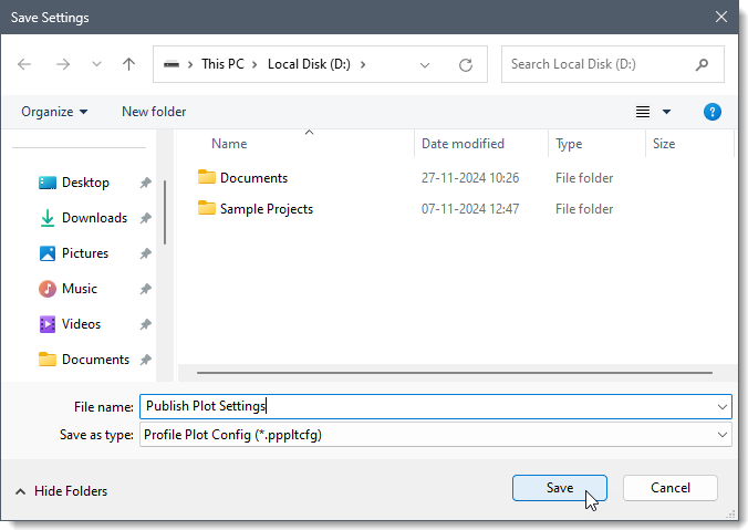 Save Settings dialog box