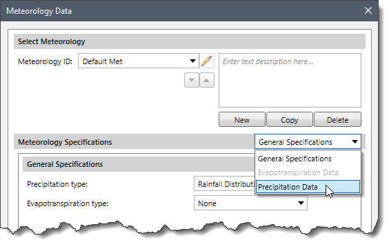 Meteorology Specifications dropdown combo box