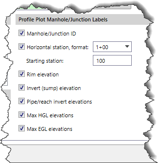 Profile Plot Manhole/Junction Labels section