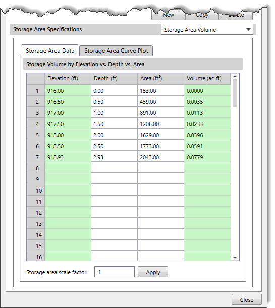 Storage Area Volume panel - Depth vs Area