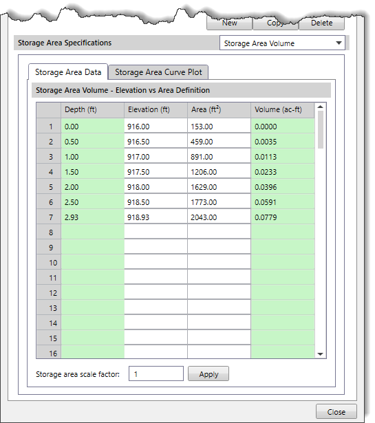 Storage Area Volume panel - Elevation vs Area