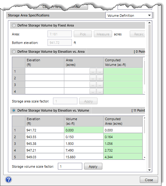Volume Definition panel