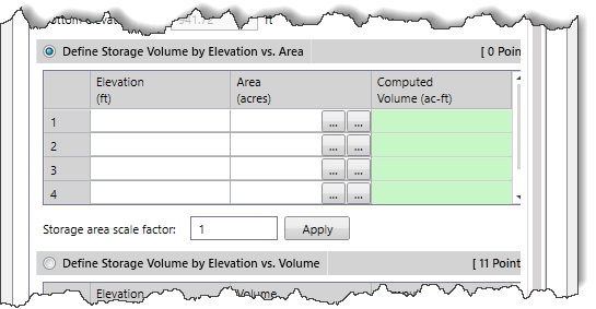 Define Storage Volume by Elevation vs. Area section