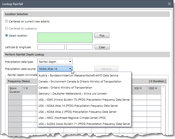 Precipitation data source dropdown combo box entry